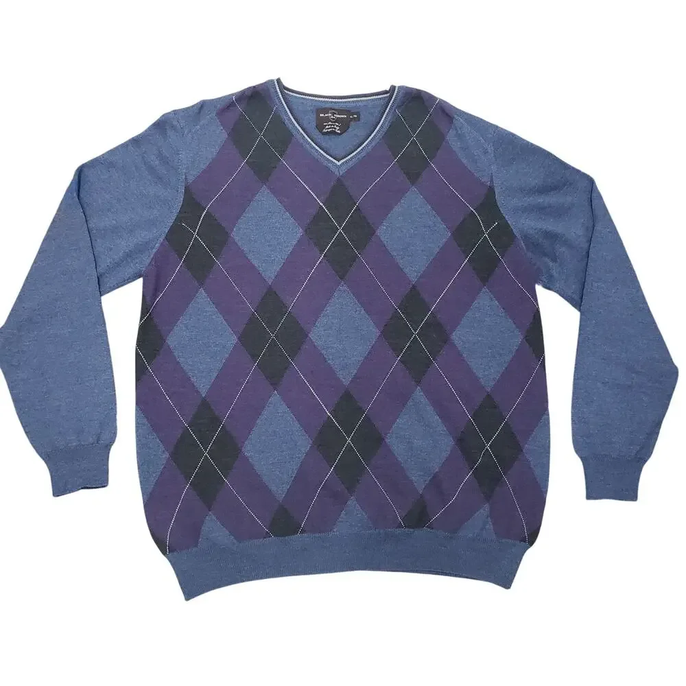Black Brown 1826 Made in Italy 100% Merino Wool Argyle V-Neck Sweater Men XL - Picture 3 of 12